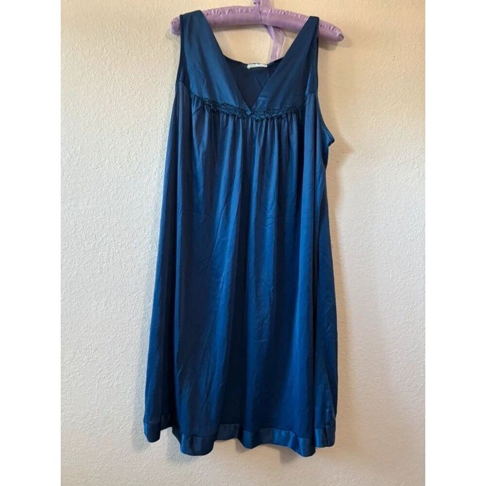 Vanity Fair Navy Blue Satin Nightgown 3X Sleeveless V Neck Long Sleep Dress